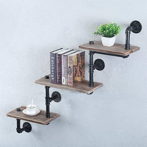 tonchean Industrial Rustic Shelving Wall Wood Pipe Ladder Floating Shelves Wall Mounted Corner Shelves for Bathroom Kitchen Office-Pipe Shelves with Wood Planks