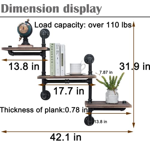 tonchean Industrial Rustic Shelving Wall Wood Pipe Ladder Floating Shelves Wall Mounted Corner Shelves for Bathroom Kitchen Office-Pipe Shelves with Wood Planks