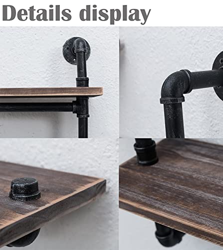 tonchean Industrial Rustic Shelving Wall Wood Pipe Ladder Floating Shelves Wall Mounted Corner Shelves for Bathroom Kitchen Office-Pipe Shelves with Wood Planks