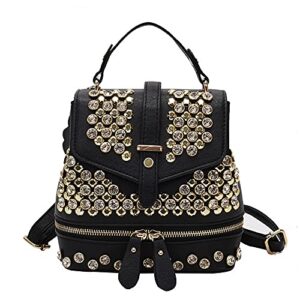 teanea rhinestone studded leather flap backpack purse black crossbody shoulder bag for women girls, gold
