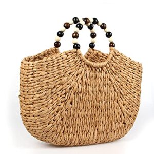 comeon natural straw bag, hand woven casual tote bag summer beach bag, bead decoration handle handbags (camel)