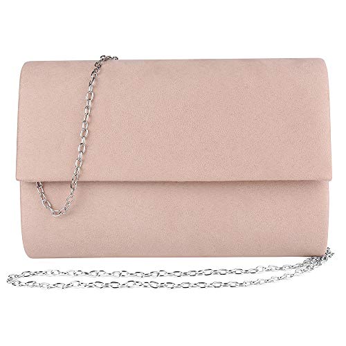 VG Bags Womens Chic Nude Pink Suede Evening Clutch Crossbody Handbag with Chain Strap Medium