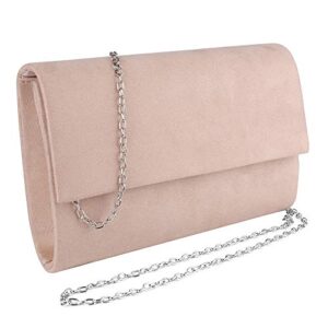 VG Bags Womens Chic Nude Pink Suede Evening Clutch Crossbody Handbag with Chain Strap Medium