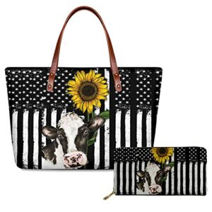 huiacong top handle handbag and wallet set for women girls gifts,cow sunflower tote purse larse travel beach bag,college school shoulder bag and small wallets