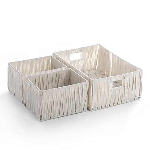 BINO 3 Pack Woven Resin Basket Organizer - Shelf Organizer with Built-in Carry Handles (White)