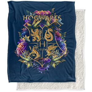 harry potter blanket, 50″x60″, hogwarts multi-colored floral crest silky touch sherpa back super soft throw blanket