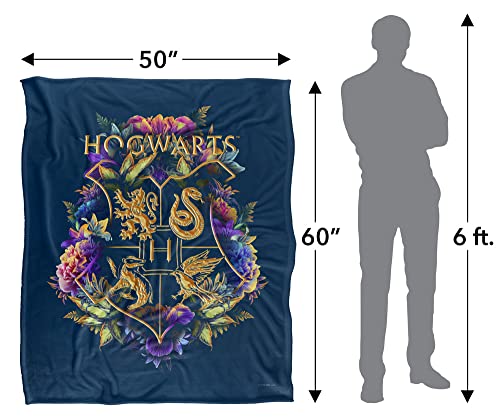 Harry Potter Blanket, 50"x60", Hogwarts Multi-Colored Floral Crest Silky Touch Sherpa Back Super Soft Throw Blanket