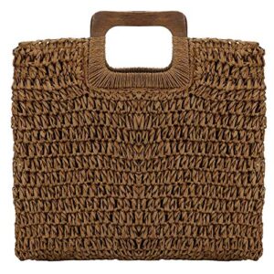 comeon natural straw bag for women, hand woven casual handle handbags tote bag for daily use beach travel (deep coffee color)