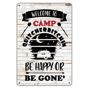 qiongqi funny welcome to camp metal tin sign wall decor farmhouse rustic camping signs with sayings for home camper room decor gifts (wooden style)