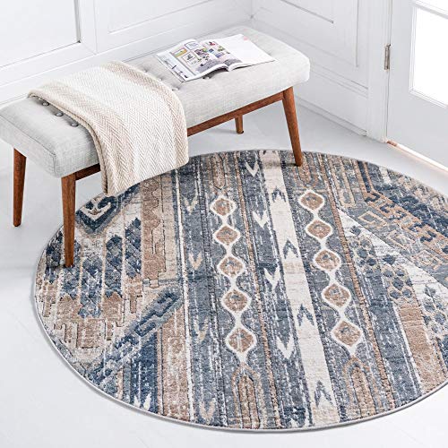 Rugs.com Oregon Collection Rug – 7 Ft Round Navy Blue Low-Pile Rug Perfect for Kitchens, Dining Rooms