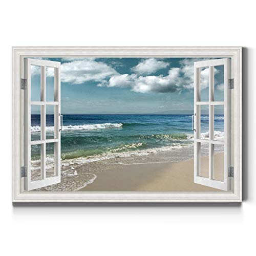 Renditions Gallery Canvas Nature Wall Art Home Paintings & Prints Artwork Cloudy Ocean Beach Sky Glam Romantic Window View Modern Decorations for Dining Room Office Kitchen - 24"x36" LT21