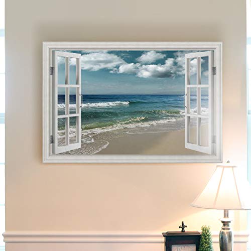 Renditions Gallery Canvas Nature Wall Art Home Paintings & Prints Artwork Cloudy Ocean Beach Sky Glam Romantic Window View Modern Decorations for Dining Room Office Kitchen - 24"x36" LT21