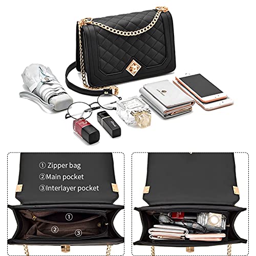 Travistar Crossbody Bags for Women Small Handbags PU Leather Shoulder Bag Ladies Quilted Purse Evening Bag Fashion Clutch Satchels Sling Bag with Gold Chain Strap, Black