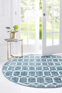 rugs.com lattice trellis collection rug – 8 ft round blue low-pile rug perfect for kitchens, dining rooms
