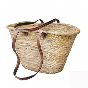generic straw bag handmade basket, beach bag, natural basket long flat leather handle