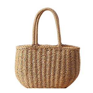 comeon natural straw bag, hand woven casual shoulder bags tote bag handle handbags retro summer beach bag (camel)