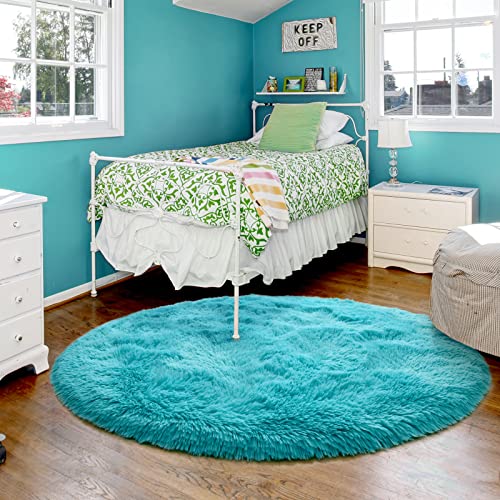 Merelax Teal Round Rug for Kids Room, 4'x4' Fluffy Circle Rugs for Teen Boys Cute Nursery Rug for Baby, Furry Shaggy Rug for Dorm Bedroom Living Room, Fuzzy Plush Circular Carpet for Home Decor