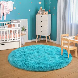 Merelax Teal Round Rug for Kids Room, 4'x4' Fluffy Circle Rugs for Teen Boys Cute Nursery Rug for Baby, Furry Shaggy Rug for Dorm Bedroom Living Room, Fuzzy Plush Circular Carpet for Home Decor