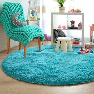 Merelax Teal Round Rug for Kids Room, 4'x4' Fluffy Circle Rugs for Teen Boys Cute Nursery Rug for Baby, Furry Shaggy Rug for Dorm Bedroom Living Room, Fuzzy Plush Circular Carpet for Home Decor