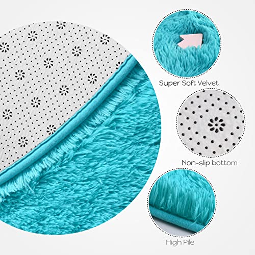 Merelax Teal Round Rug for Kids Room, 4'x4' Fluffy Circle Rugs for Teen Boys Cute Nursery Rug for Baby, Furry Shaggy Rug for Dorm Bedroom Living Room, Fuzzy Plush Circular Carpet for Home Decor