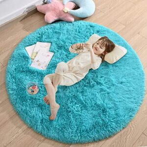 Merelax Teal Round Rug for Kids Room, 4'x4' Fluffy Circle Rugs for Teen Boys Cute Nursery Rug for Baby, Furry Shaggy Rug for Dorm Bedroom Living Room, Fuzzy Plush Circular Carpet for Home Decor
