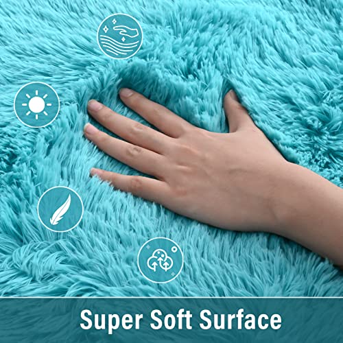 Merelax Teal Round Rug for Kids Room, 4'x4' Fluffy Circle Rugs for Teen Boys Cute Nursery Rug for Baby, Furry Shaggy Rug for Dorm Bedroom Living Room, Fuzzy Plush Circular Carpet for Home Decor