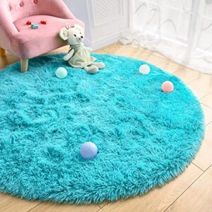 Merelax Teal Round Rug for Kids Room, 4'x4' Fluffy Circle Rugs for Teen Boys Cute Nursery Rug for Baby, Furry Shaggy Rug for Dorm Bedroom Living Room, Fuzzy Plush Circular Carpet for Home Decor