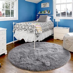 merelax grey round rug for bedroom living room, 4’x4′ fluffy circle rugs for teen boys cute nursery rug for baby kids room, furry shaggy rug for dorm, fuzzy plush circular carpet for home decor