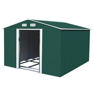 nbtiger 9.1’ x 10.5’ large outdoor storage shed, sturdy utility tool lawn mower equipment organizer for backyard garden w/gable roof, lockable sliding door, vents, floor frame – green