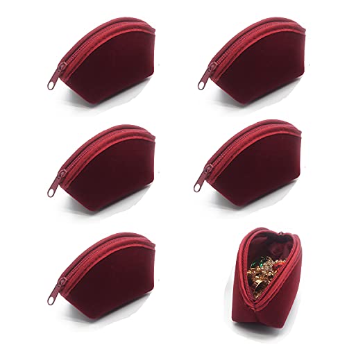 SUKPSY 6 Pcs Velvet Jewelry Bags with Zipper Gift Bags Purse Pouches Shell Shape Jewelry Organizer Box for Jewelry,Gift,Wedding Party,Christmas,Small Craft (Dark Red)