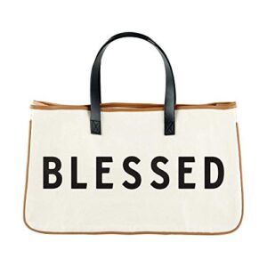 creative brands f4267 faithworks – large inspirational canvas & leather tote, 20 x 11-inch, blessed