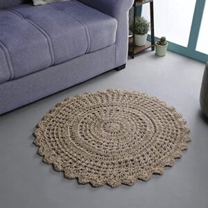 hausattire jute crochet hand woven rug – 3′ round natural, handmade anti-slip accent rugs for living room, kitchen, bedroom – 3 feet round