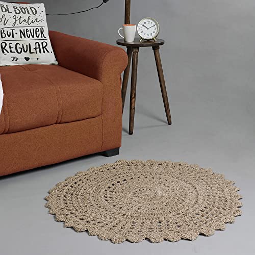 Hausattire Jute Crochet Hand Woven Rug - 3' Round Natural, Handmade Anti-Slip Accent Rugs for Living Room, Kitchen, Bedroom - 3 Feet Round