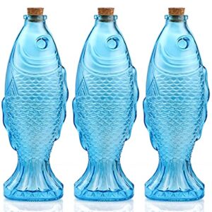 mdluu 3-pack fish shaped glass bottles, decorative bottles with cork stopper, fish decanters for gift, bar, home decor, capacity 500ml/17.5oz (blue)