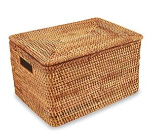 fiyammy rattan basket with lid, large lidded basket for storage rattan box(15.3″ l×11.4″w×9.5″h)