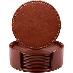 lamoti leather coasters for drinks, 4″ drink coasters set of 6 with holder for tabletop protection, handmade luxurious home décor and housewarming gift (brown)