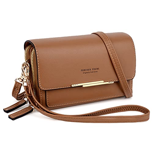 UTO Small Crossbody Shoulder Bag for Women Cellphone Bags Card Holder Wallet with Wristlet Purse and Handbags Brown