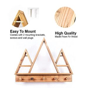 Mountain Shelf with Hooks – Triangle Shelves for Boho Crystal Shelf Display, Essential Oil Holder Organizer, Rustic Wooden Décor for Bedroom, Bathroom, Living Room, Nursery & Entryway