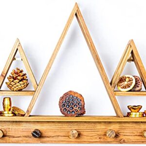 Mountain Shelf with Hooks – Triangle Shelves for Boho Crystal Shelf Display, Essential Oil Holder Organizer, Rustic Wooden Décor for Bedroom, Bathroom, Living Room, Nursery & Entryway