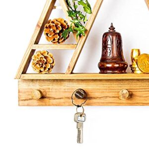 Mountain Shelf with Hooks – Triangle Shelves for Boho Crystal Shelf Display, Essential Oil Holder Organizer, Rustic Wooden Décor for Bedroom, Bathroom, Living Room, Nursery & Entryway