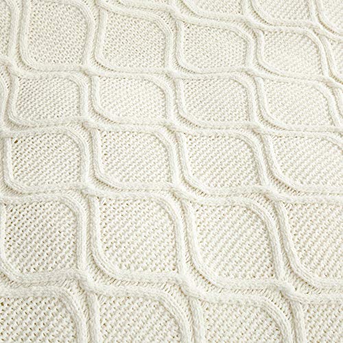 Longhui bedding Ivory White Chenille Cable Knit Sherpa Throw Blanket – Thick, Soft, Big, Cozy Ivory White Knitted Fleece Blankets for Couch, Sofa, Bed – Large 60 x 80 Inches Coverlet All Season