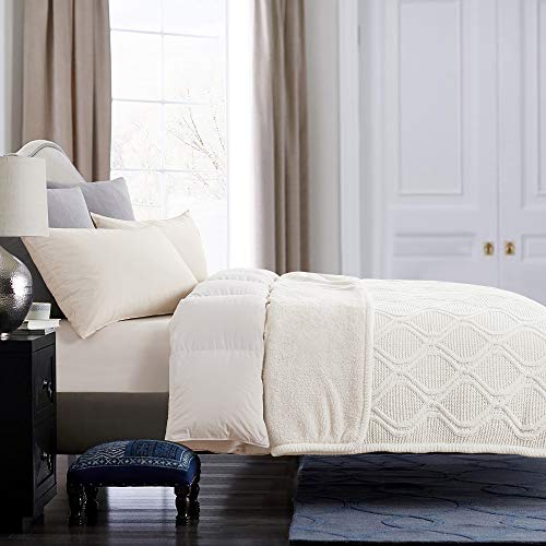 Longhui bedding Ivory White Chenille Cable Knit Sherpa Throw Blanket – Thick, Soft, Big, Cozy Ivory White Knitted Fleece Blankets for Couch, Sofa, Bed – Large 60 x 80 Inches Coverlet All Season