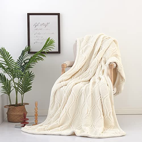 Longhui bedding Ivory White Chenille Cable Knit Sherpa Throw Blanket – Thick, Soft, Big, Cozy Ivory White Knitted Fleece Blankets for Couch, Sofa, Bed – Large 60 x 80 Inches Coverlet All Season