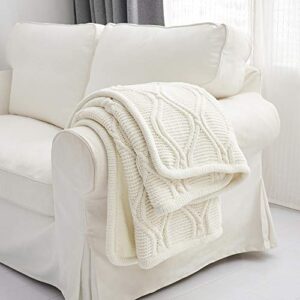 Longhui bedding Ivory White Chenille Cable Knit Sherpa Throw Blanket – Thick, Soft, Big, Cozy Ivory White Knitted Fleece Blankets for Couch, Sofa, Bed – Large 60 x 80 Inches Coverlet All Season