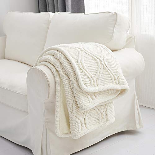 Longhui bedding Ivory White Chenille Cable Knit Sherpa Throw Blanket – Thick, Soft, Big, Cozy Ivory White Knitted Fleece Blankets for Couch, Sofa, Bed – Large 60 x 80 Inches Coverlet All Season