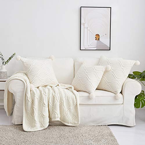 Longhui bedding Ivory White Chenille Cable Knit Sherpa Throw Blanket – Thick, Soft, Big, Cozy Ivory White Knitted Fleece Blankets for Couch, Sofa, Bed – Large 60 x 80 Inches Coverlet All Season