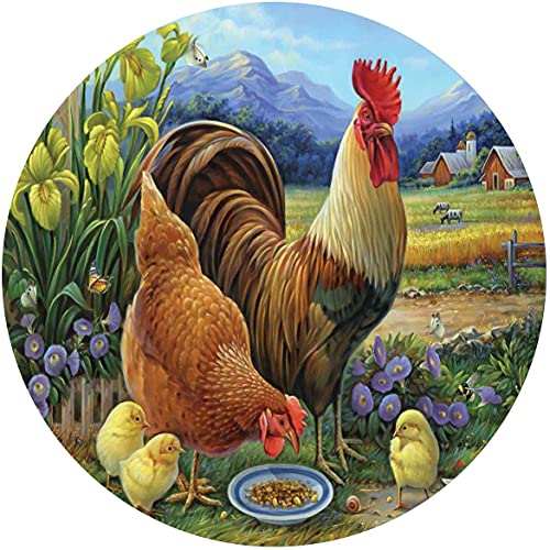 WZVZGZ Round Metal Tin Sign Rustic Wall Decor,Amber Rooster and Family,Retro Metal Round Tin Signs Decor Wall Art Posters Gifts for Door Plaque Home Bars Clubs Cafes, 12x12 Inch