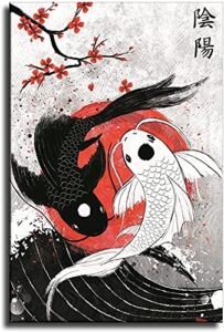 patient koi fish wall art yin yang poster canvas printing|08 x 12 |room aesthetic|bedroom living room japanese style decoration (08×12inch), 08 x 12 in