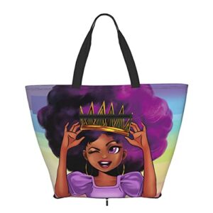 fekupizz afro black girl with purple hair canvas tote bag, women large shoulder bag, shopping bag