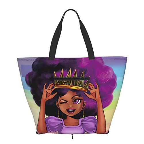 fekupizz Afro Black Girl With Purple Hair Canvas Tote Bag, Women Large Shoulder Bag, Shopping Bag